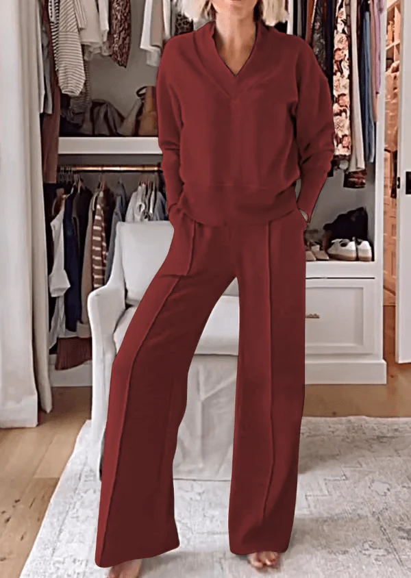 💖💖Women's Solid Color V-neck Top & Pants Two-piece Set