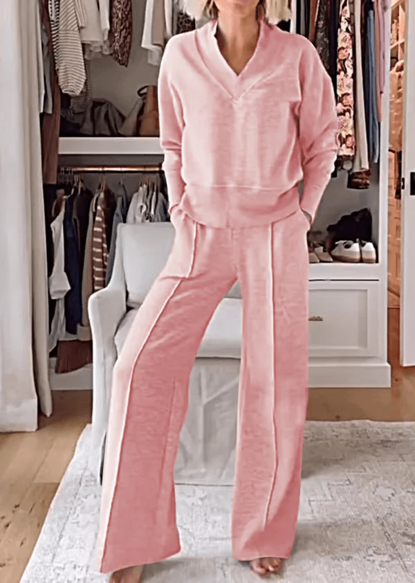 💖💖Women's Solid Color V-neck Top & Pants Two-piece Set